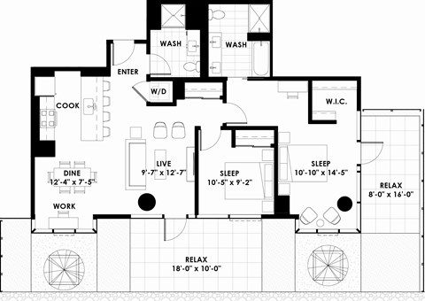 Floor plan for 2 beds, 2 baths, 1109 sqft